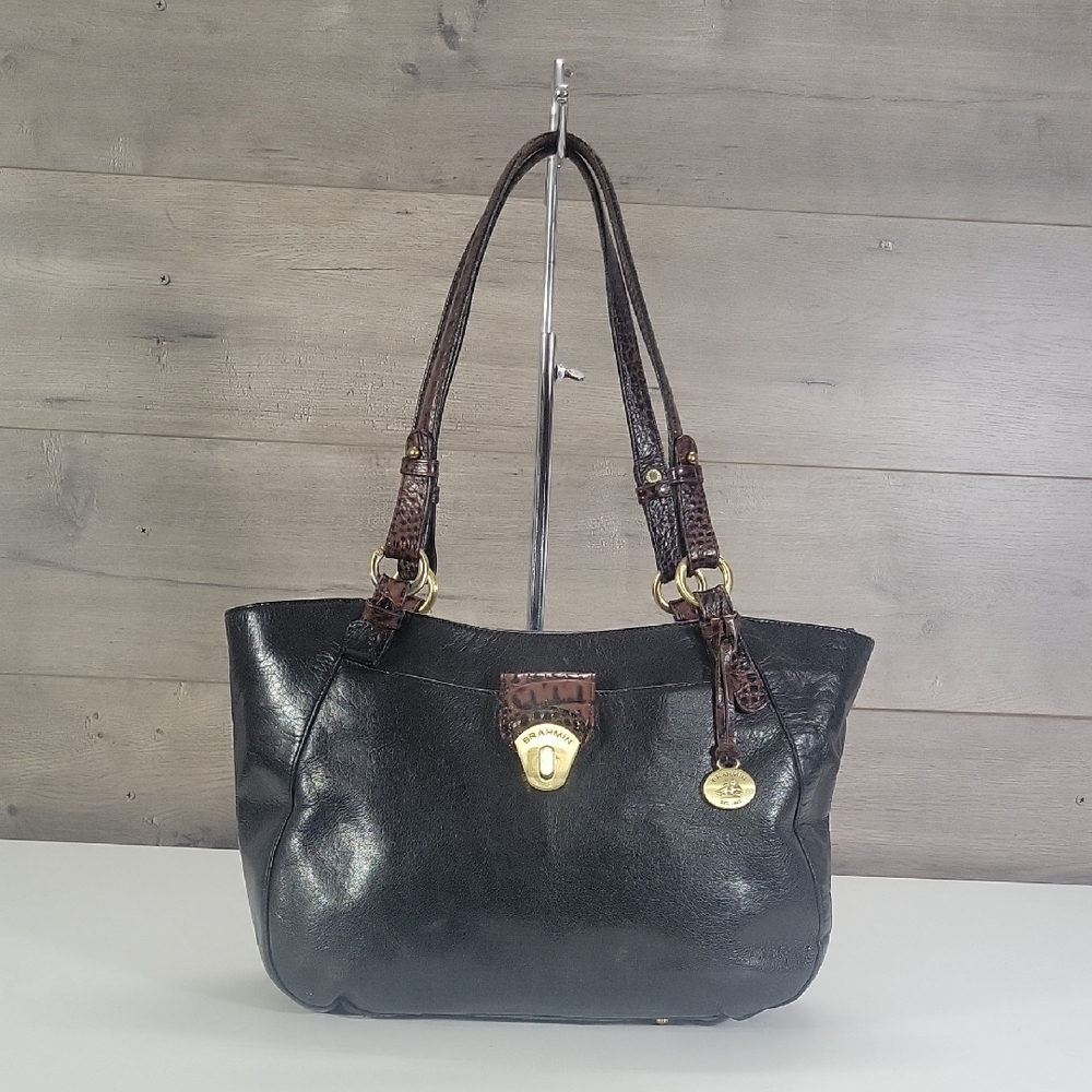 Brahmin Collette Melbourne Tuscan Black Croc Embossed Shoulder Bag Tote Handbag